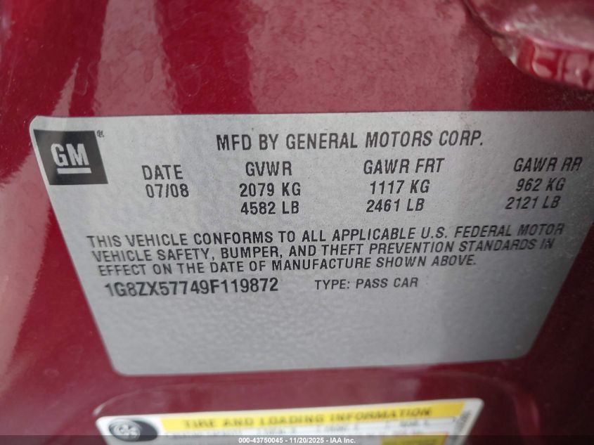 2009 Saturn Aura Xr VIN: 1G8ZX57749F119872 Lot: 43750045