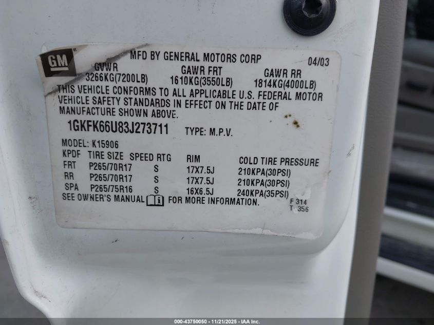 2003 GMC Yukon Xl 1500 Denali VIN: 1GKFK66U83J273711 Lot: 43750050