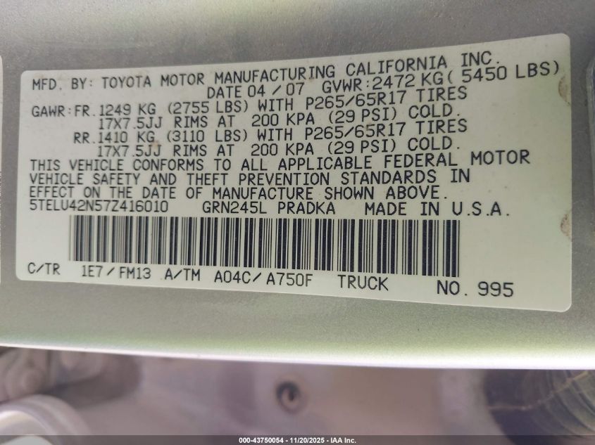 2007 Toyota Tacoma Base V6 VIN: 5TELU42N57Z416010 Lot: 43750054