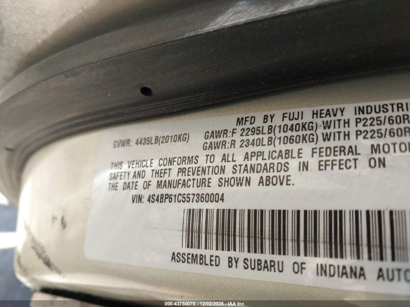 2005 Subaru Outback 2.5I VIN: 4S4BP61C557360004 Lot: 43750076