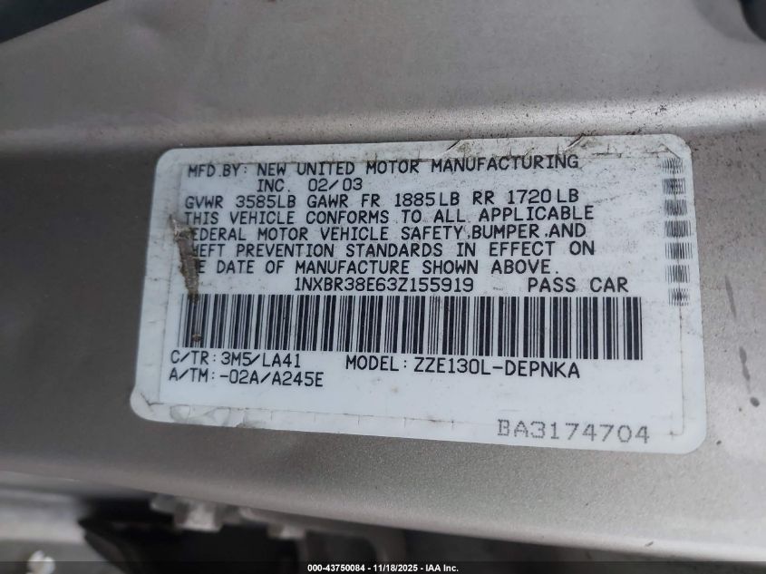 2003 Toyota Corolla Le VIN: 1NXBR38E63Z155919 Lot: 43750084