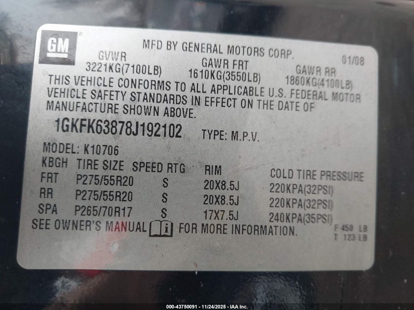 2008 GMC Yukon Denali VIN: 1GKFK63878J192102 Lot: 43750091