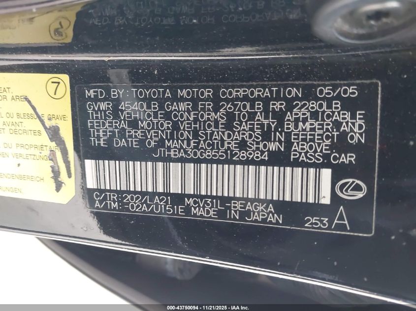 2005 Lexus Es 330 VIN: JTHBA30G855128984 Lot: 43750094