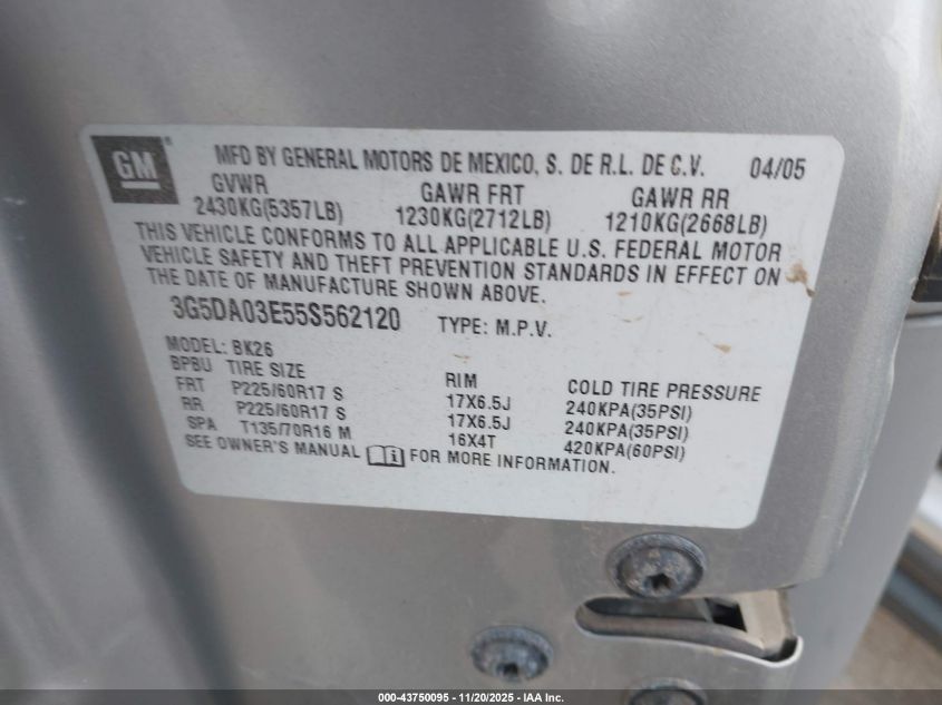 2005 Buick Rendezvous Cx VIN: 3G5DA03E55S562120 Lot: 43750095