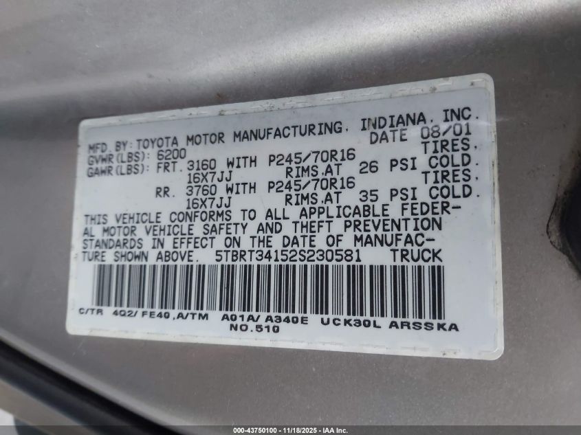 2002 Toyota Tundra Sr5 V8 VIN: 5TBRT34152S230581 Lot: 43750100