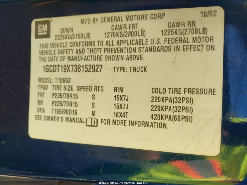 2003 Chevrolet S-10 Ls VIN: 1GCDT19X738152927 Lot: 43750104