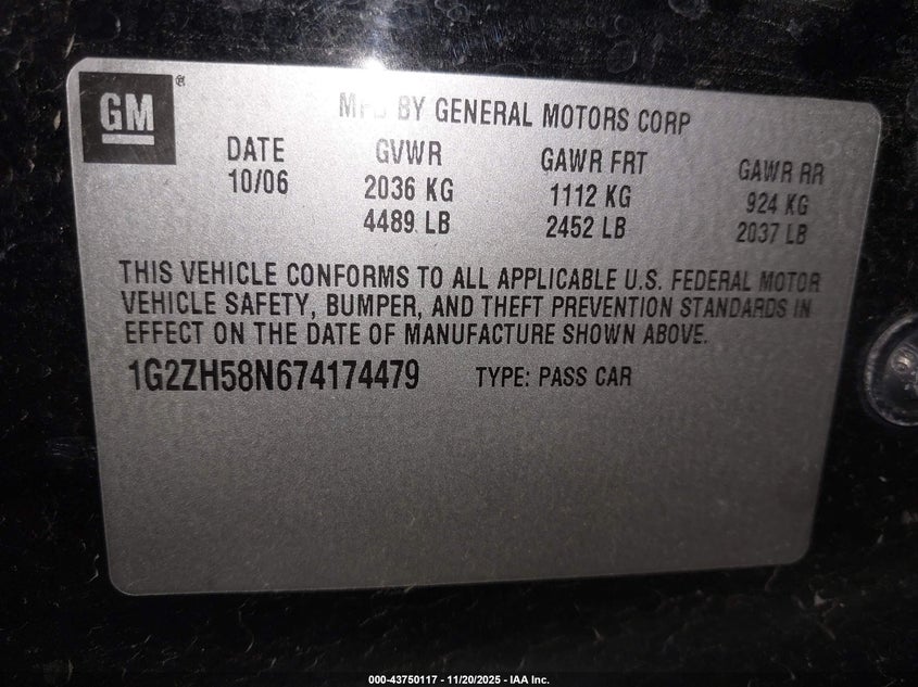 2007 Pontiac G6 Gt VIN: 1G2ZH58N674174479 Lot: 43750117