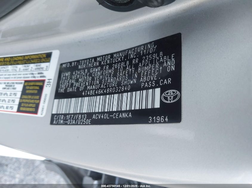 2008 Toyota Camry Le VIN: 4T4BE46K48R032840 Lot: 43750145