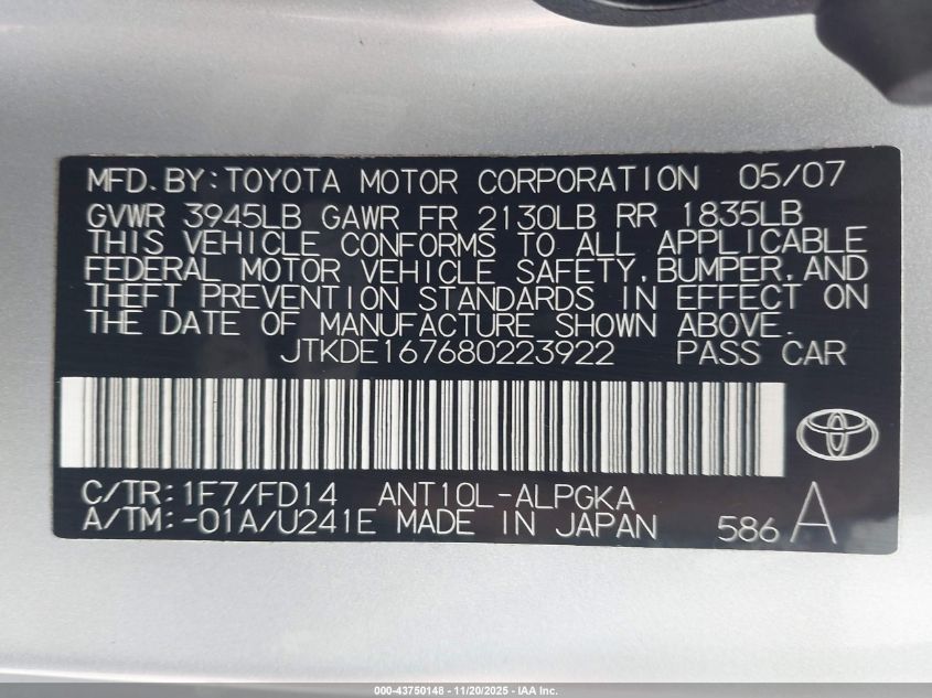 2008 Scion Tc VIN: JTKDE167680223922 Lot: 43750148