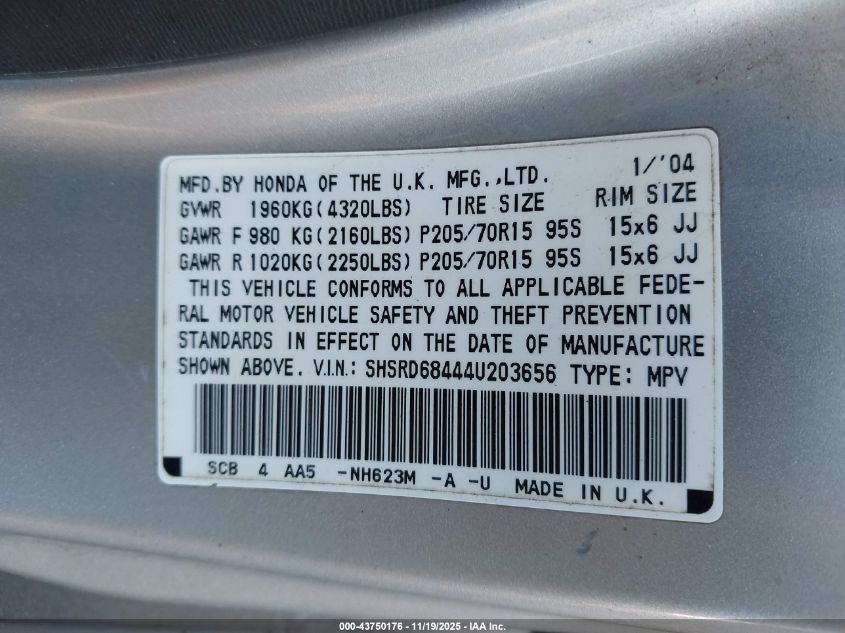 2004 Honda Cr-V Lx VIN: SHSRD68444U203656 Lot: 43750176