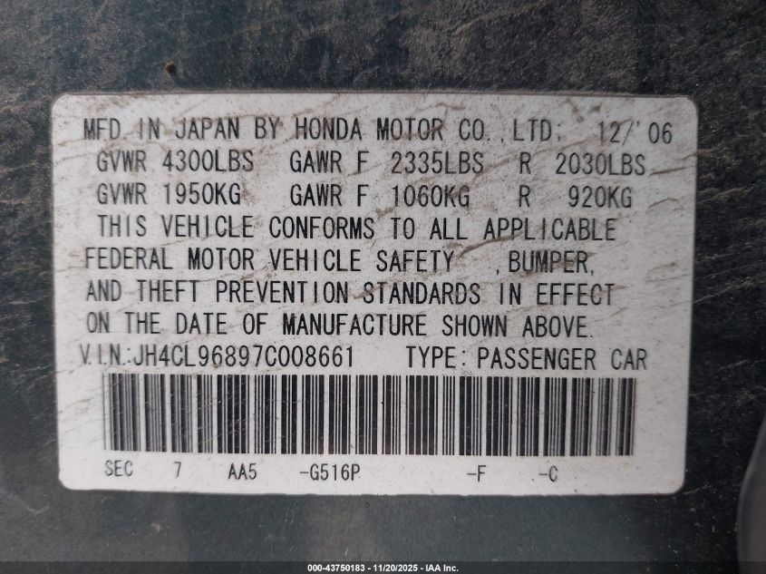 2007 Acura Tsx VIN: JH4CL96897C008661 Lot: 43750183