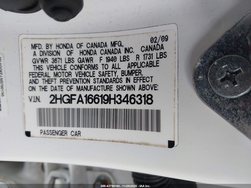 2009 Honda Civic Lx-S VIN: 2HGFA16619H346318 Lot: 43750184