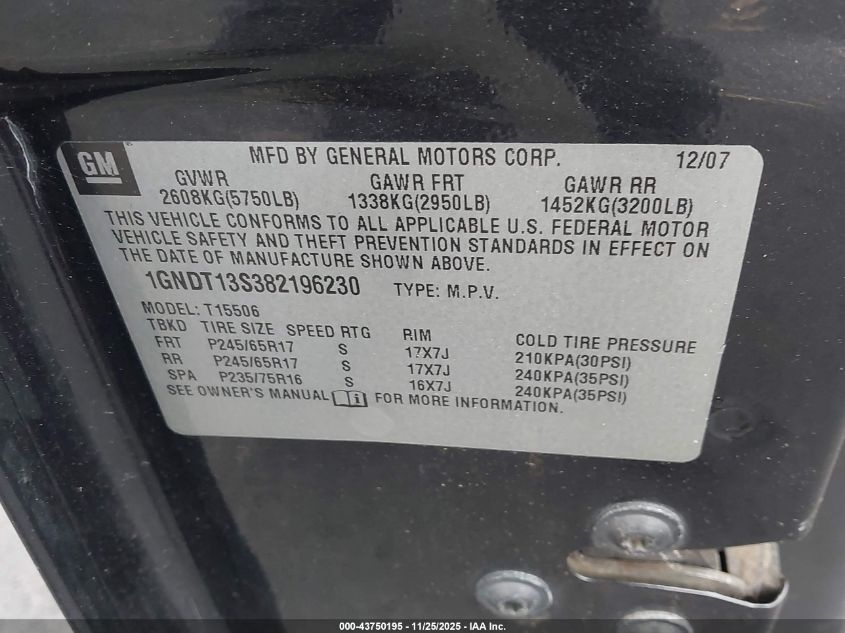 2008 Chevrolet Trailblazer Lt VIN: 1GNDT13S382196230 Lot: 43750195