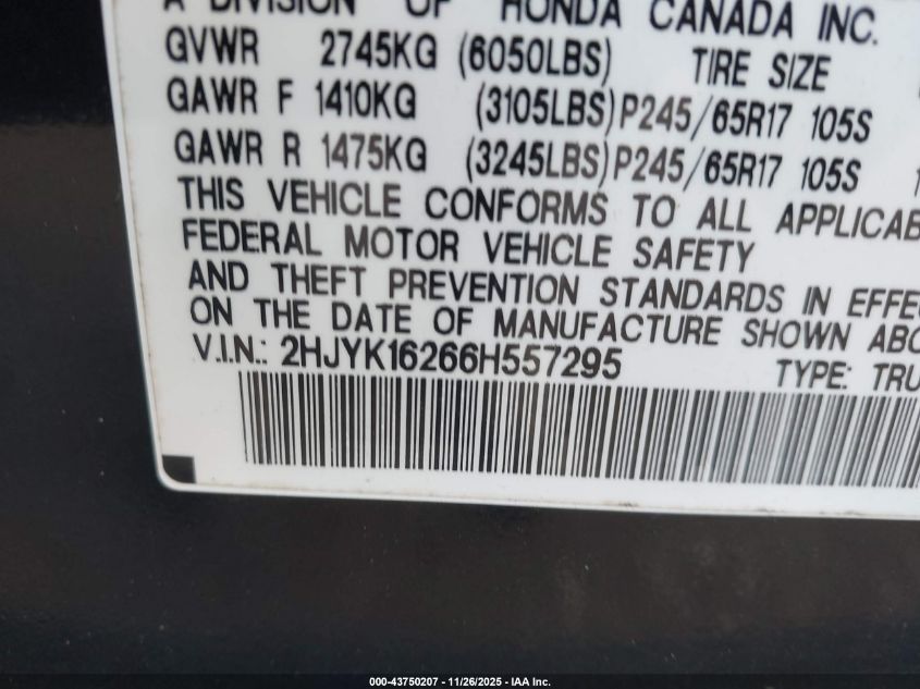 2006 Honda Ridgeline Rt VIN: 2HJYK16266H557295 Lot: 43750207