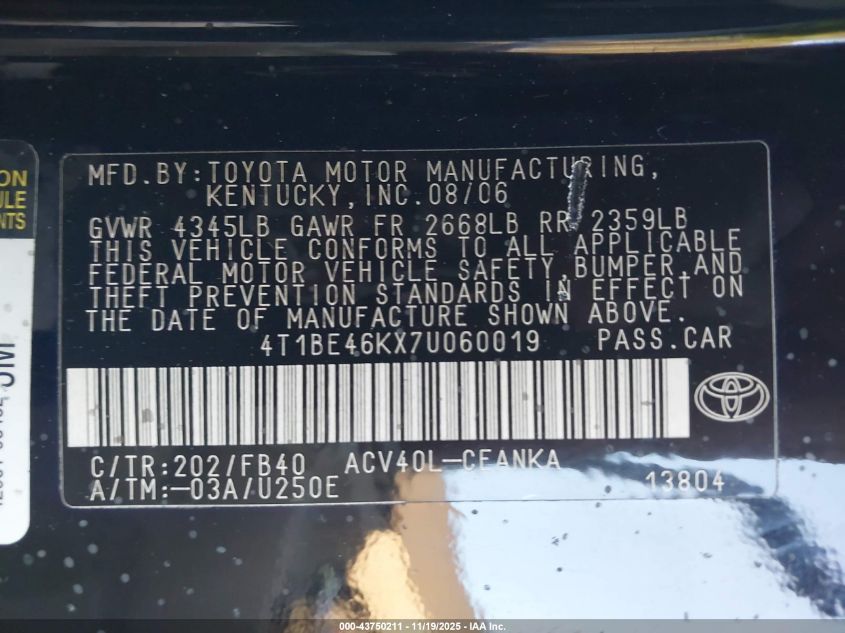 2007 Toyota Camry Le VIN: 4T1BE46KX7U060019 Lot: 43750211