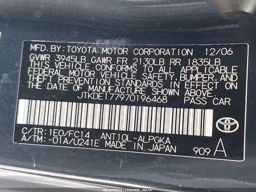 2007 Scion Tc VIN: JTKDE177970196468 Lot: 43750214