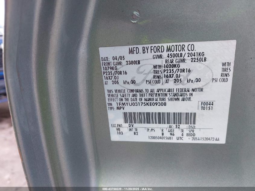 2005 Ford Escape Xlt VIN: 1FMYU03175KE09308 Lot: 43750229