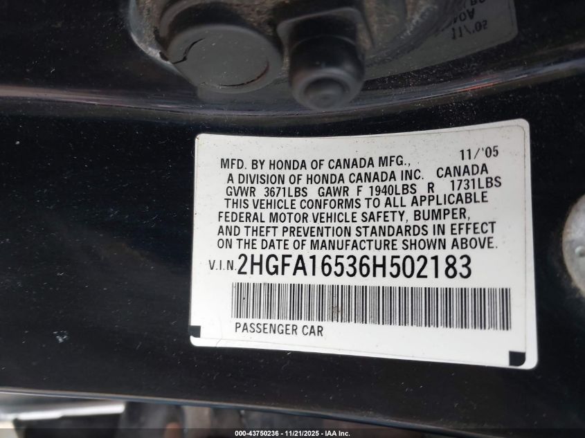 2006 Honda Civic Lx VIN: 2HGFA16536H502183 Lot: 43750236