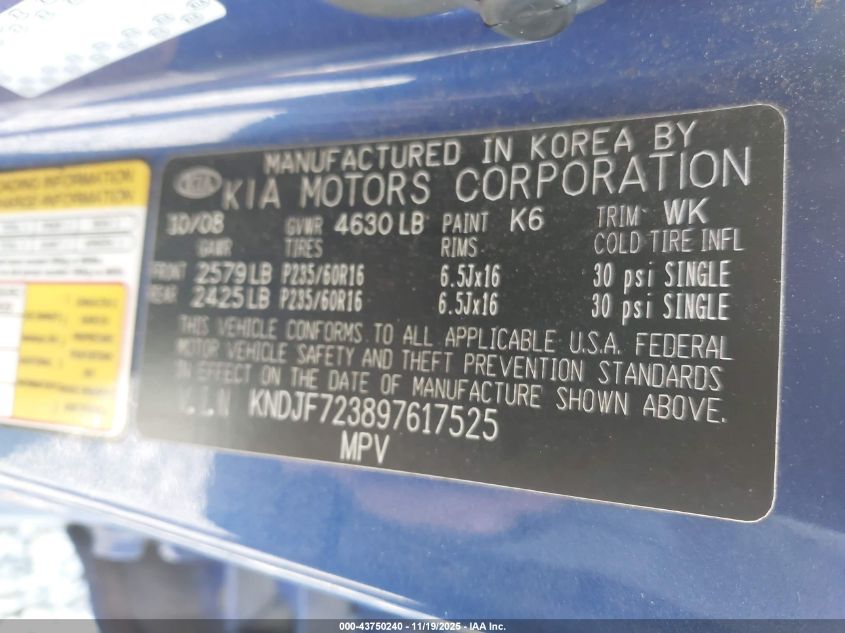 2009 Kia Sportage Ex V6 VIN: KNDJF723897617525 Lot: 43750240