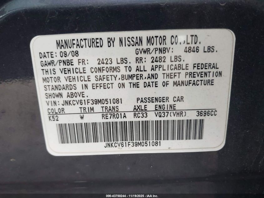 2009 Infiniti G37X VIN: JNKCV61F39M051081 Lot: 43750244