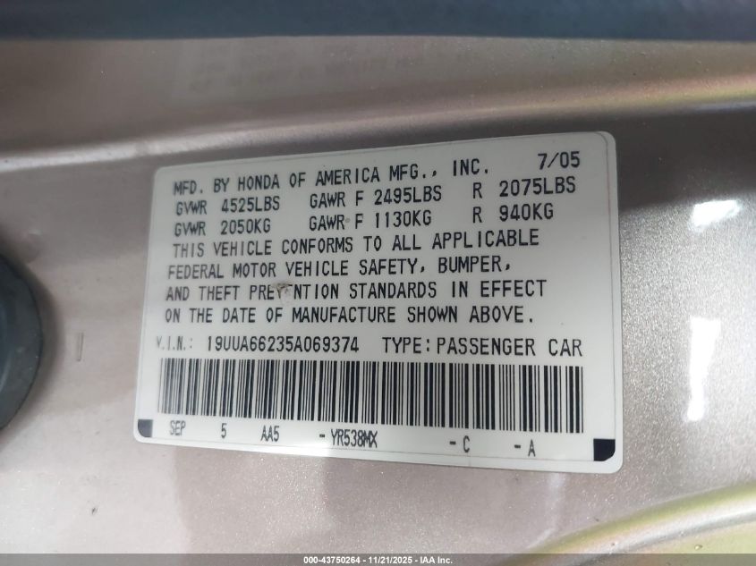 2005 Acura Tl VIN: 19UUA66235A069374 Lot: 43750264