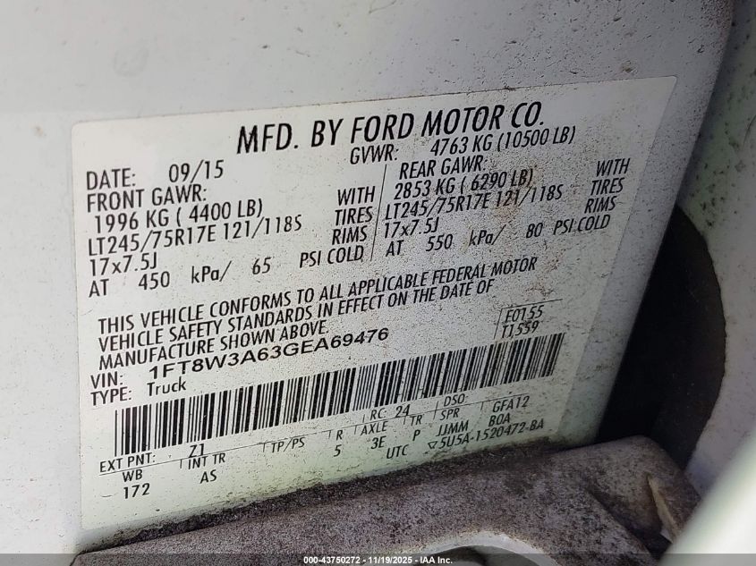 2016 Ford F-350 Xl VIN: 1FT8W3A63GEA69476 Lot: 43750272