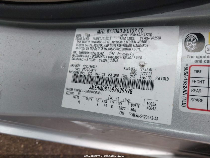 2009 Mercury Milan V6 Premier VIN: 3MEHM08169R629598 Lot: 43750273