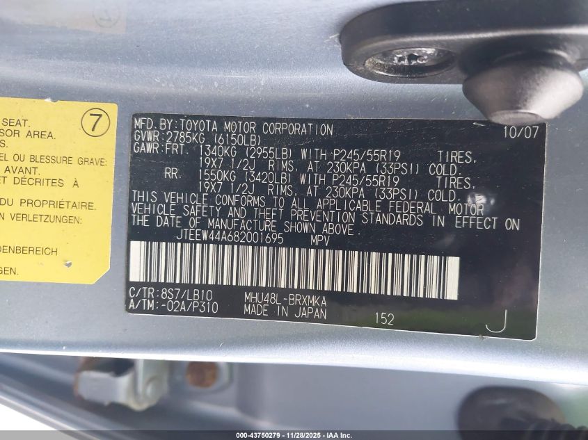 2008 Toyota Highlander Hybrid Limited VIN: JTEEW44A682001695 Lot: 43750279