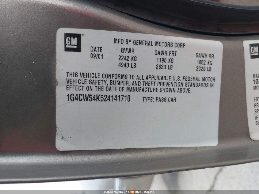 2002 Buick Park Avenue VIN: 1G4CW54K524141710 Lot: 43750287