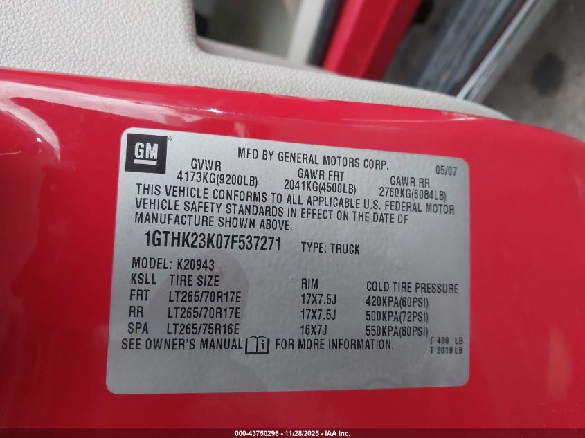 2007 GMC Sierra 2500Hd Sle2 VIN: 1GTHK23K07F537271 Lot: 43750296