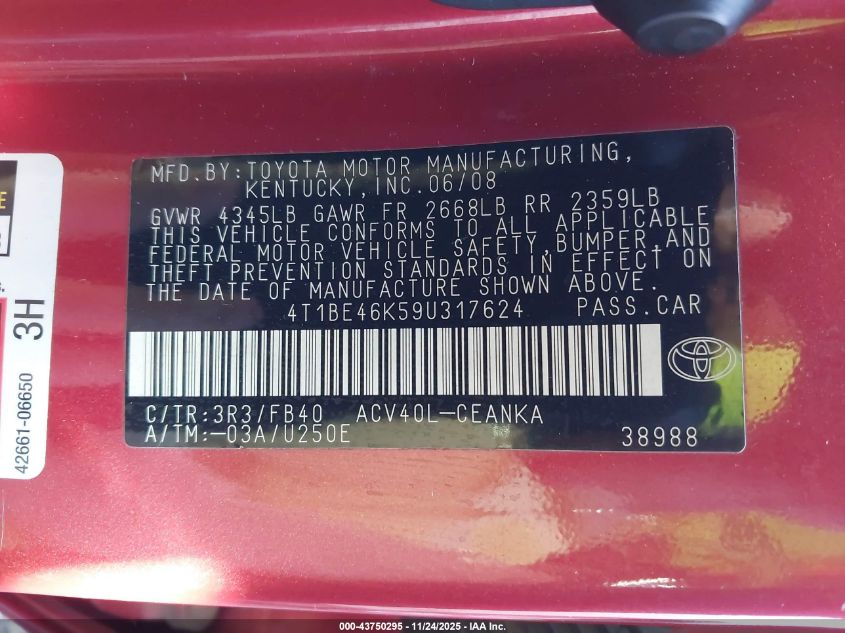 2009 Toyota Camry Le VIN: 4T1BE46K59U317624 Lot: 43750295