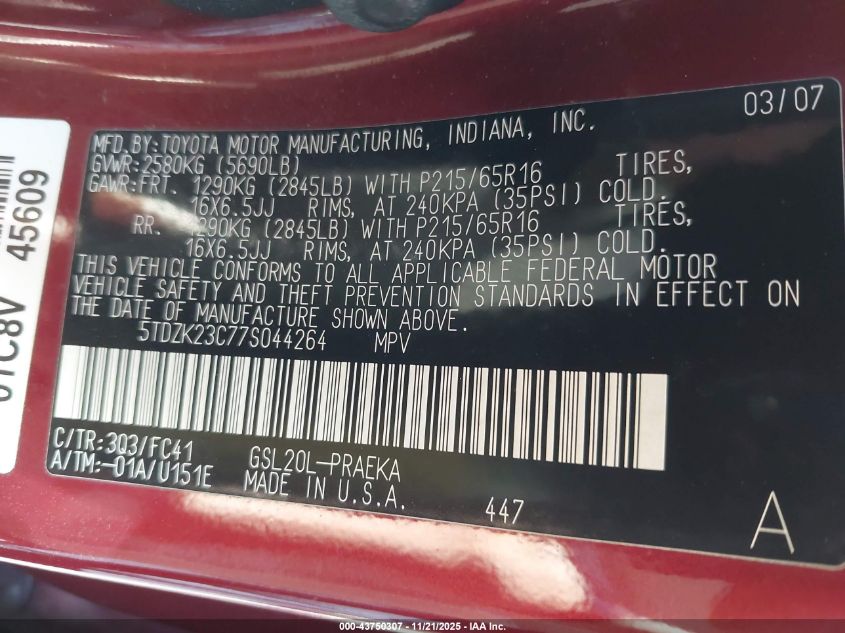 2007 Toyota Sienna Le VIN: 5TDZK23C77S044264 Lot: 43750307