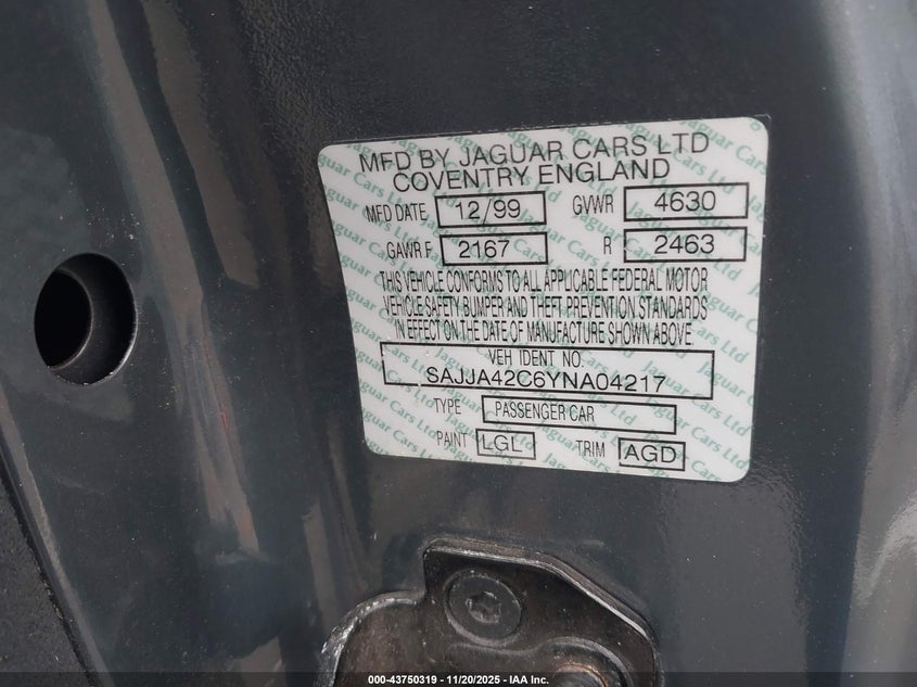 2000 Jaguar Xk8 VIN: SAJJA42C6YNA04217 Lot: 43750319
