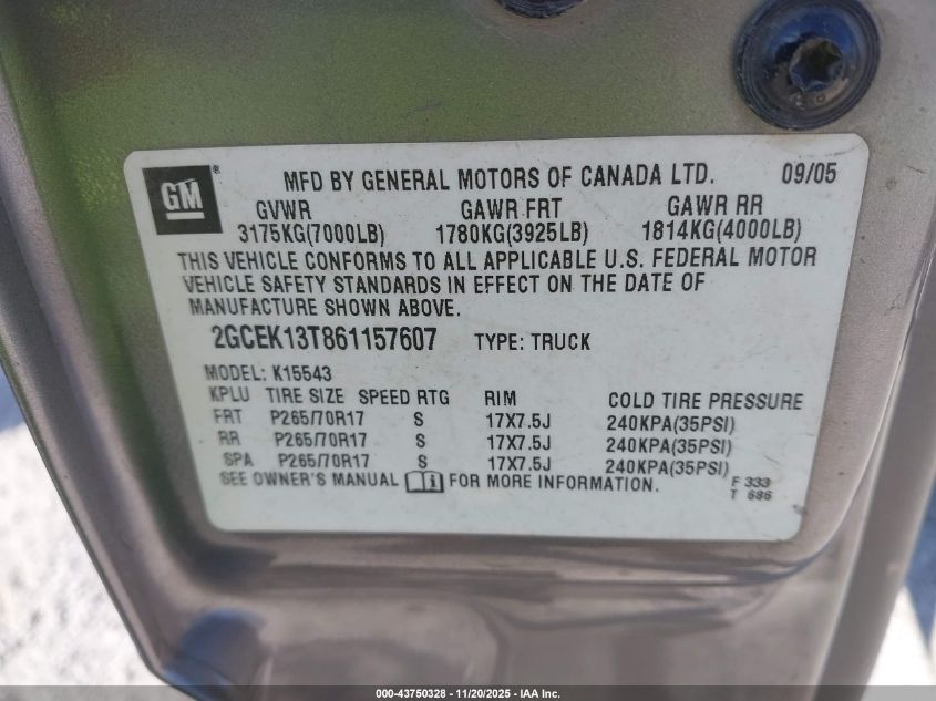 2006 Chevrolet Silverado 1500 Lt1 VIN: 2GCEK13T861157607 Lot: 43750328