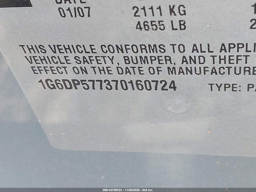 2007 Cadillac Cts Standard VIN: 1G6DP577370160724 Lot: 43750333