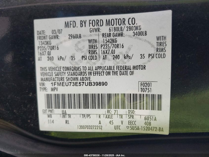 2007 Ford Explorer Xlt VIN: 1FMEU73E57UB39890 Lot: 43750338