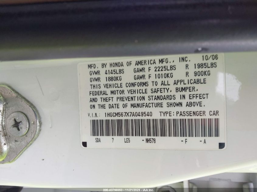 2007 Honda Accord 2.4 Ex VIN: 1HGCM567X7A049540 Lot: 43750353
