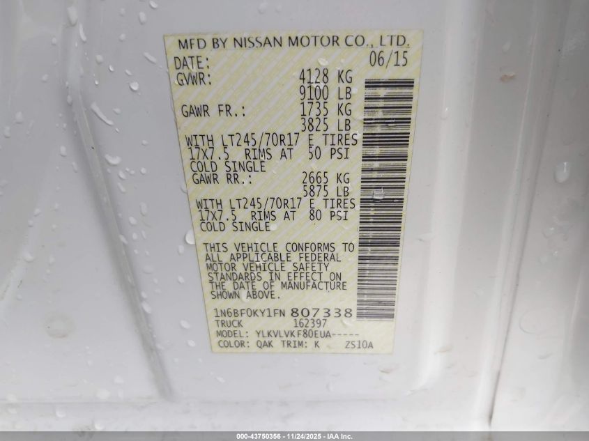 2015 Nissan Nv Cargo Nv2500 Hd Sl V6 VIN: 1N6BF0KY1FN807338 Lot: 43750356