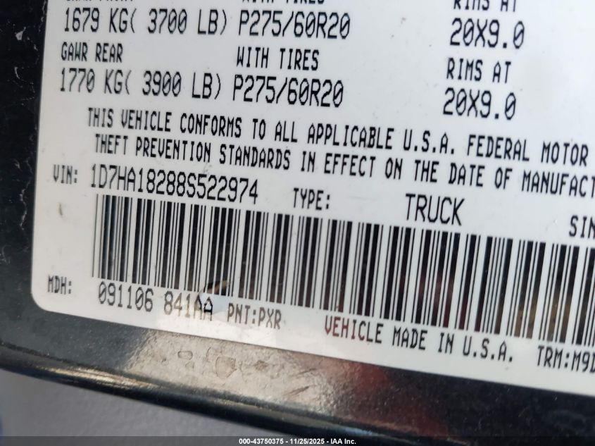 2008 Dodge Ram 1500 Slt VIN: 1D7HA18288S522974 Lot: 43750375