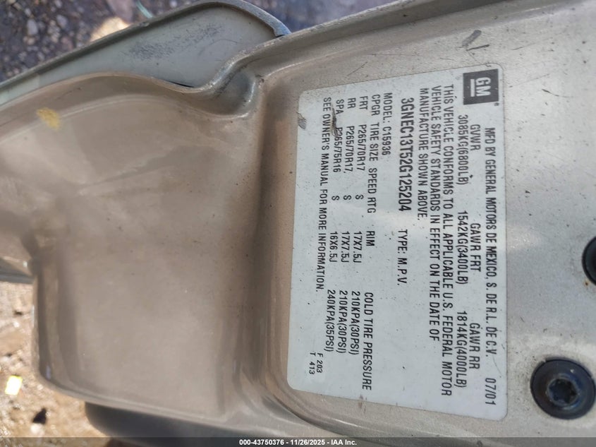 2002 Chevrolet Avalanche 1500 VIN: 3GNEC13T52G125204 Lot: 43750376