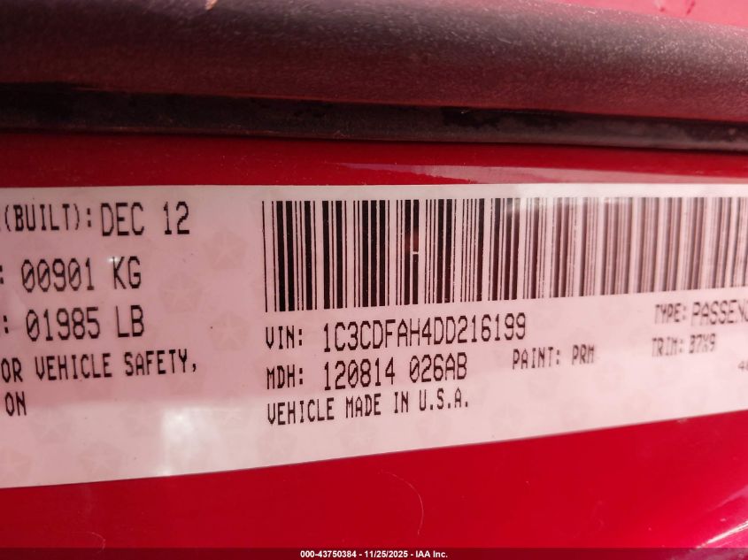 2013 Dodge Dart Aero VIN: 1C3CDFAH4DD216199 Lot: 43750384