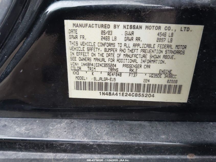 2004 Nissan Maxima 3.5 Sl VIN: 1N4BA41E24C855204 Lot: 43750398