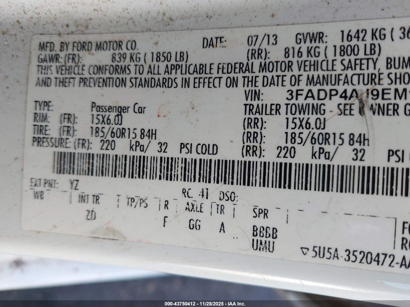 2014 Ford Fiesta S VIN: 3FADP4AJ9EM131871 Lot: 43750412