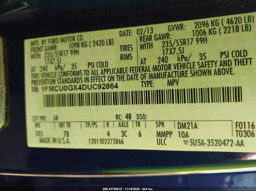 2013 Ford Escape Se VIN: 1FMCU0GX4DUC92864 Lot: 43750415