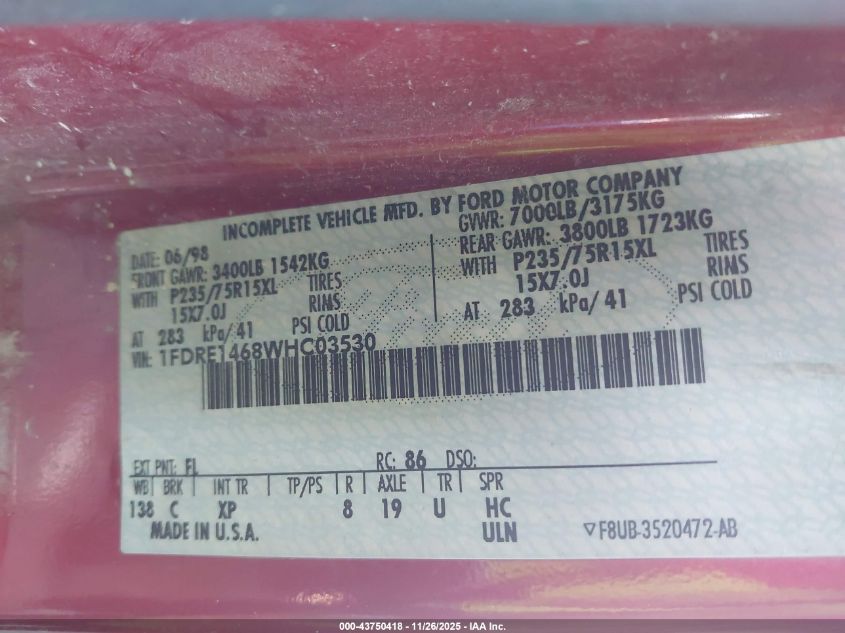 1998 Ford E-150 Recreational VIN: 1FDRE1468WHC03530 Lot: 43750418