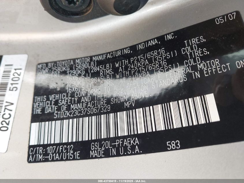 2007 Toyota Sienna Le VIN: 5TDZK23C37S067329 Lot: 43750419