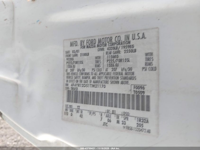 2001 Mazda B2300 Se/Sx VIN: 4F4YR12D51TM21170 Lot: 43750421