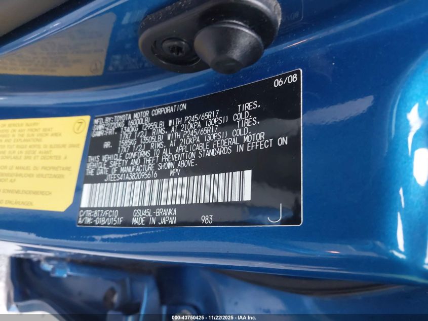 2008 Toyota Highlander VIN: JTEES41A382095616 Lot: 43750425