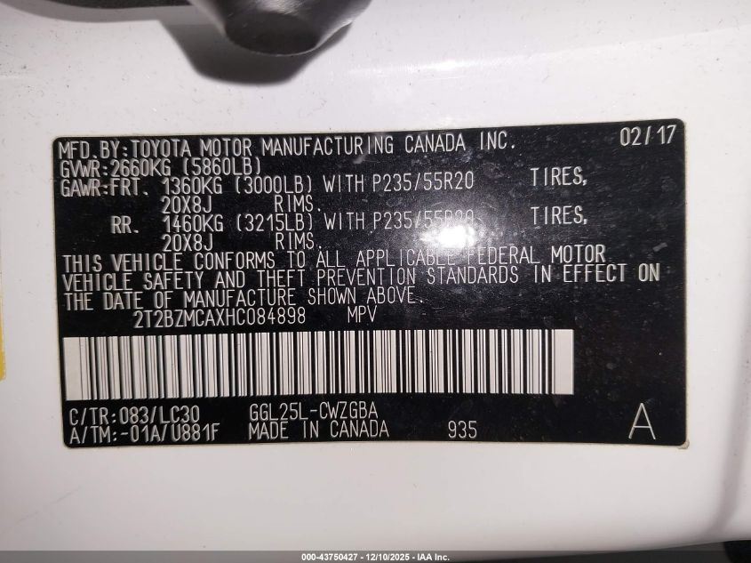 2017 Lexus Rx 350 F Sport VIN: 2T2BZMCAXHC084898 Lot: 43750427