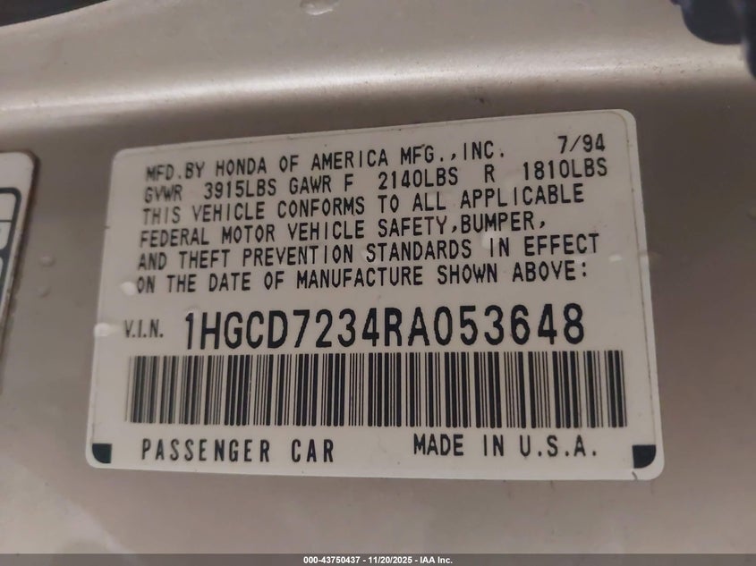 1HGCD7234RA053648 1994 HONDA ACCORD photo no. 9